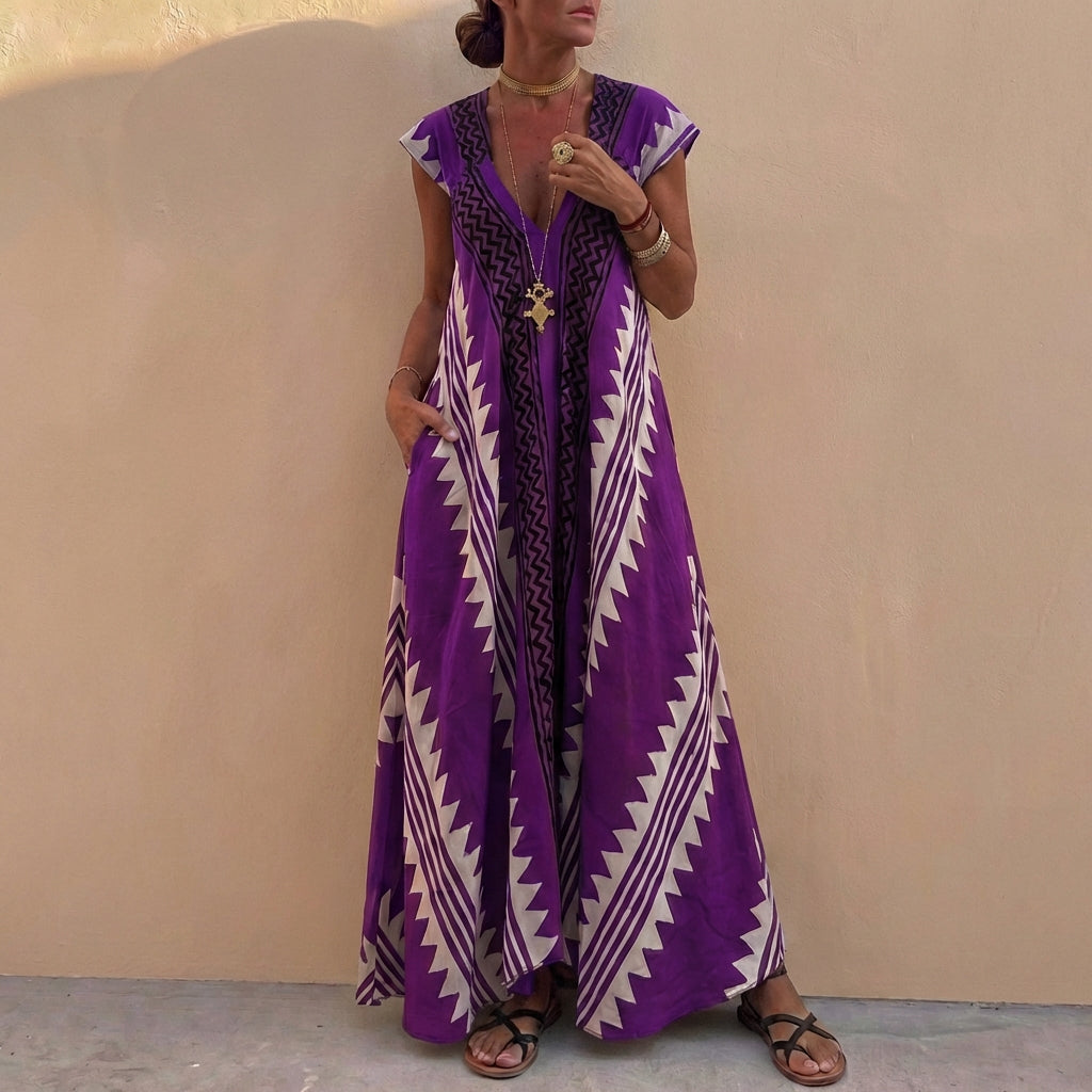 Bohemian A-Line Maxi Dress Deep V-Neck Geometric Print