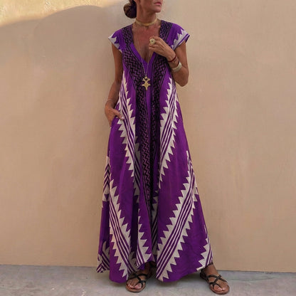 Bohemian A-Line Maxi Dress Deep V-Neck Geometric Print