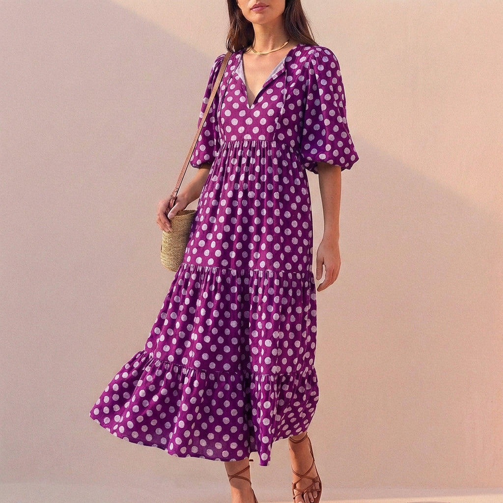 Women's V-Neck Midi Dress Puff Sleeves Tiered Skirt