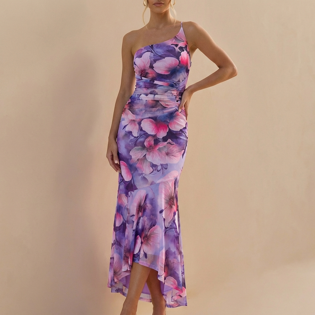 Women's One-Shoulder Maxi Dress Mesh Ruched Detail