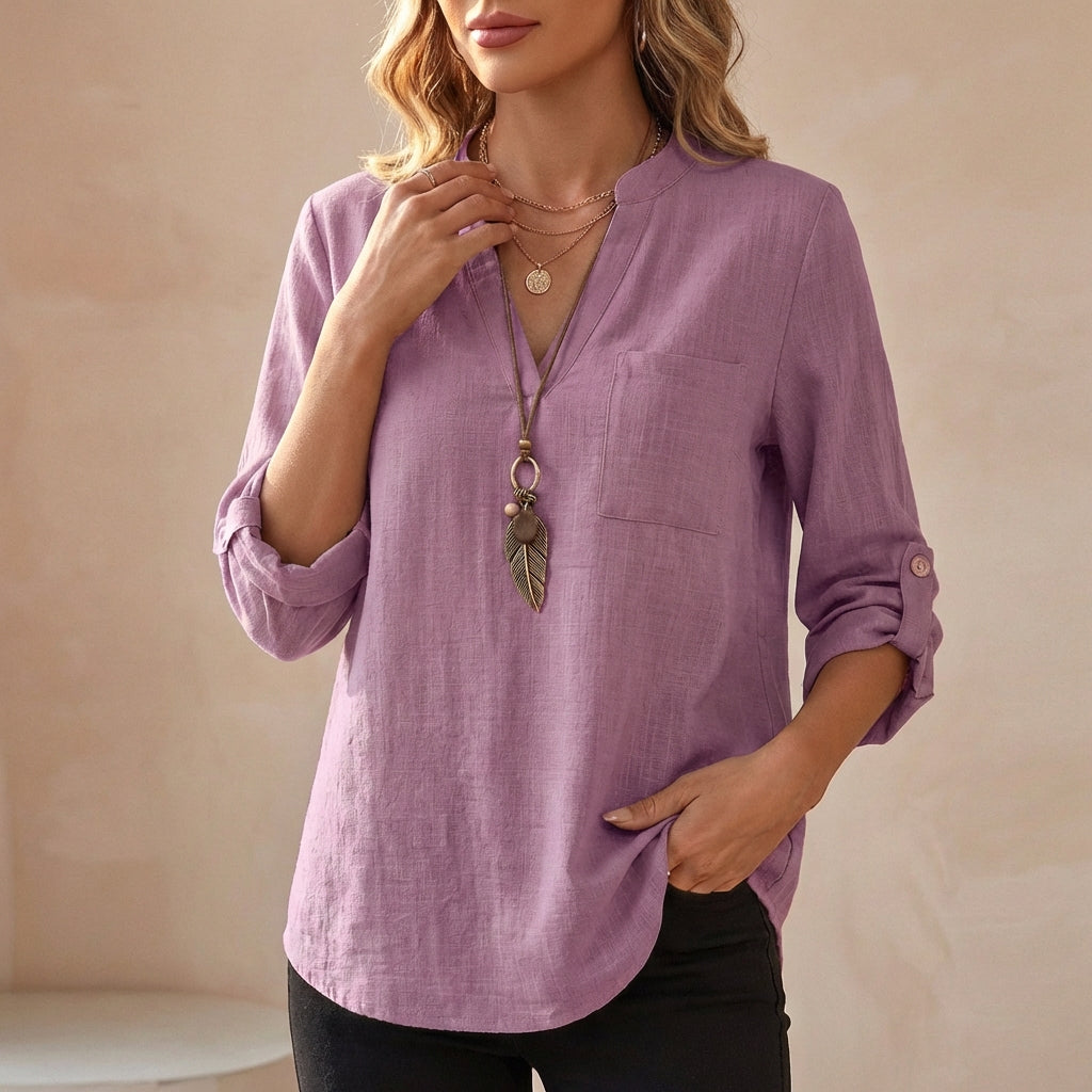 Women's Cotton Linen Tunic Blouse Relaxed Fit V-Neck