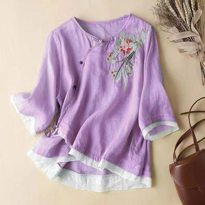 Women's Linen Blend Kimono Blouse Embroidered - VibreMode