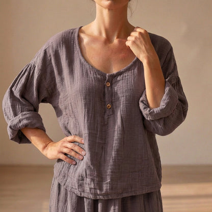 Women's Cotton Blend V-Neck Blouse Textured Sleeves