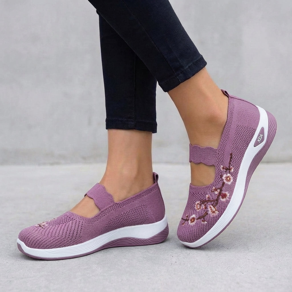 Women's Knit Mesh Mary Jane Flats Floral Embroidery