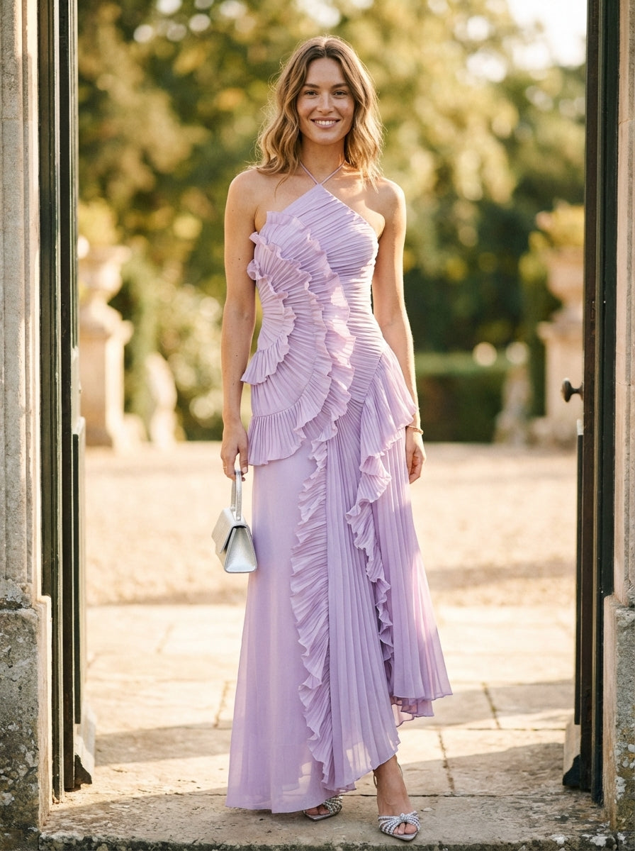 Women's Halter Maxi Dress Ruched Bodice Ruffled Skirt
