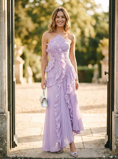 Women's Halter Maxi Dress Ruched Bodice Ruffled Skirt