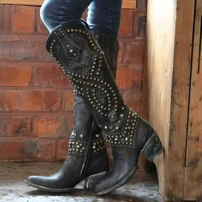 Trendy Studded High Heel Knee Boots for Women