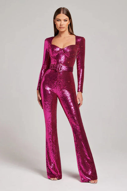 Women's Sequin Jumpsuit Corset Detail Flared Legs - VibreMode