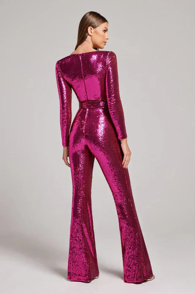 Women's Sequin Jumpsuit Corset Detail Flared Legs