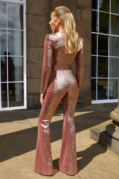 Women's Sequin Jumpsuit Corset Detail Flared Legs