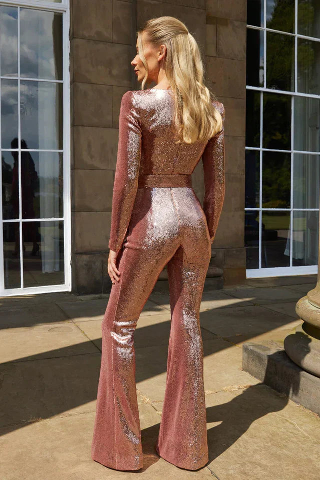 Women's Sequin Jumpsuit Corset Flared Legs