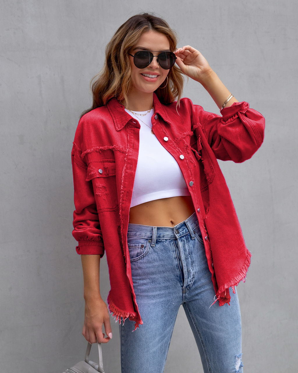 Women's Distressed Denim Jacket Casual Blue