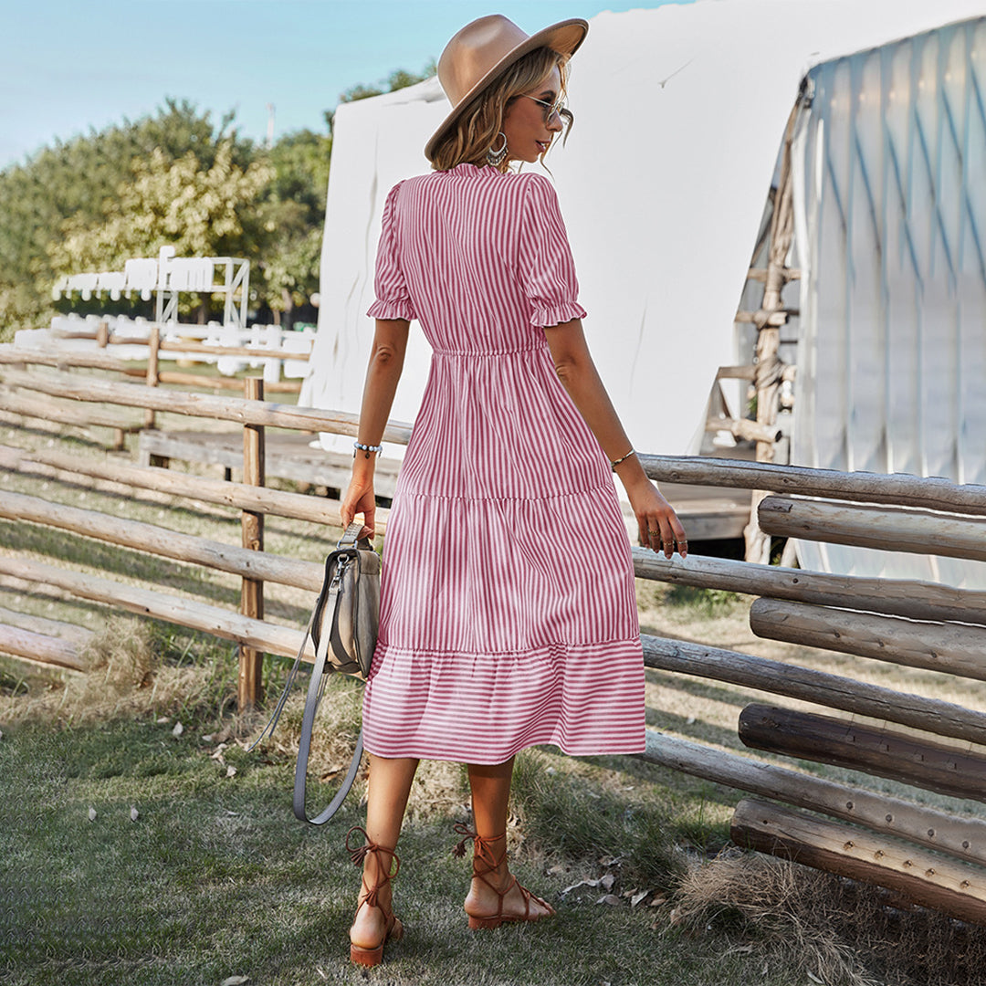Women's Striped V-Neck Summer Dress Lantern Sleeves