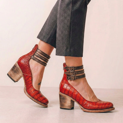 Vegan Leather Block Heel Pumps Buckled Ankle Straps