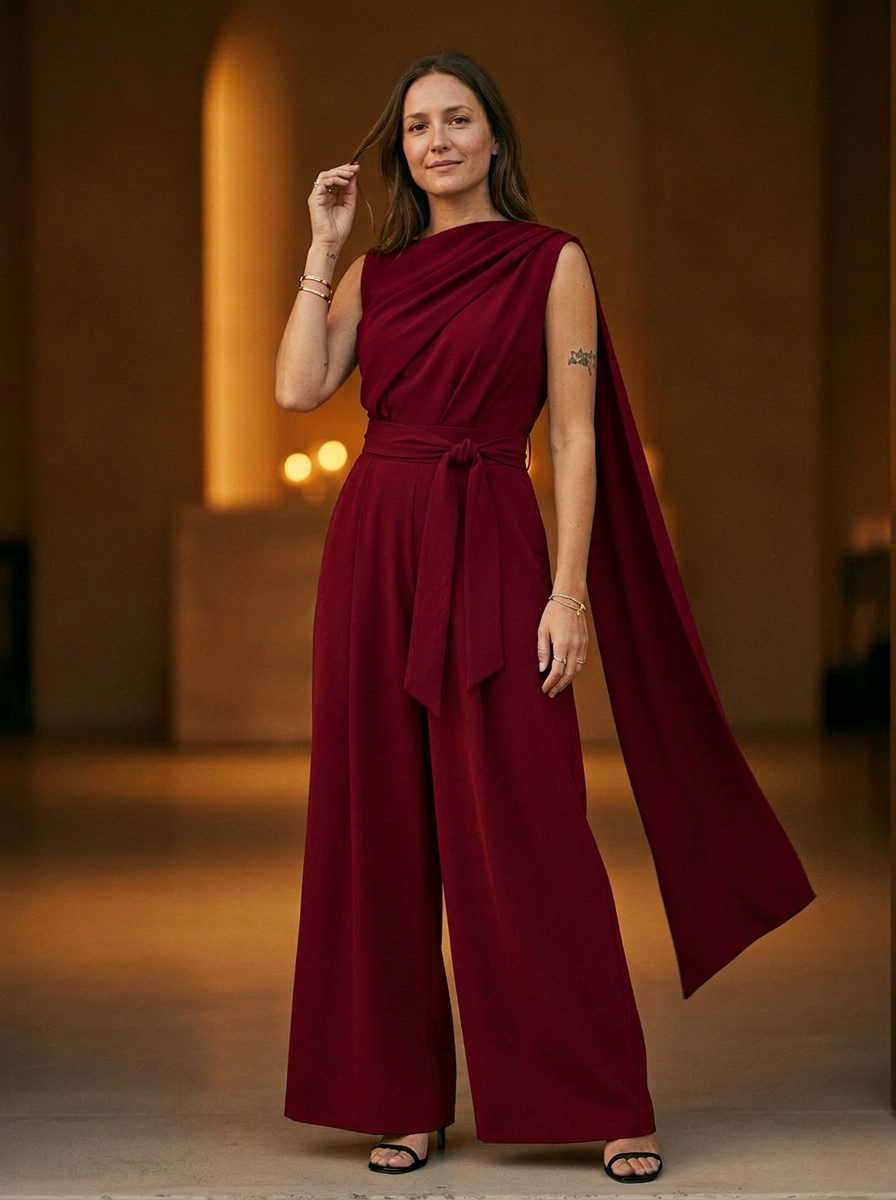 Women's Cowl Neck Jumpsuit Wide Leg Belted Waist