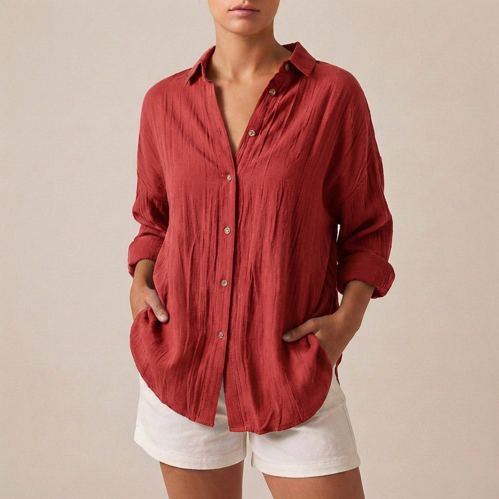 Linen Longline Shirt Relaxed Fit Button Up Pleated