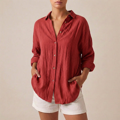 Linen Longline Shirt Relaxed Fit Button Up Pleated