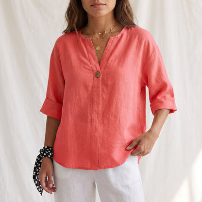 Women's Cotton Blouse V-Neck Cuffed Sleeves