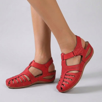 Women's Leather Wedge Sandals Ankle Strap Perforated Brown