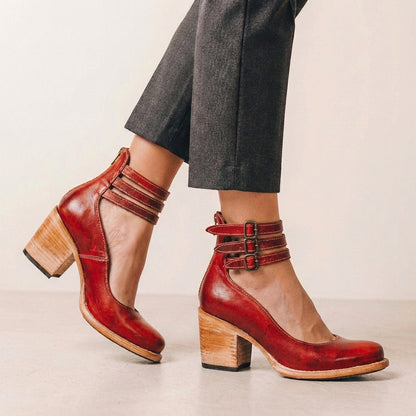 Vegan Leather Block Heel Pumps Buckled Ankle Straps
