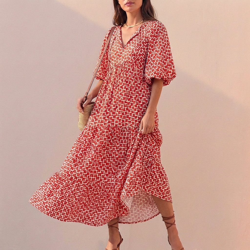 Women's V-Neck Midi Dress Puff Sleeves Tiered Skirt