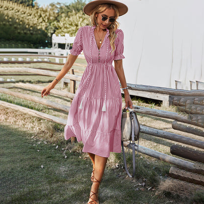 Women's Striped V-Neck Summer Dress Lantern Sleeves