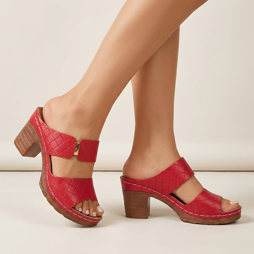 Women's Quilted Slide Sandals Block Heel Metallic Accent