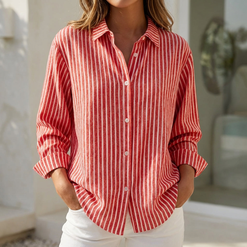 Relaxed Fit Striped Button Up Shirt Classic Collar