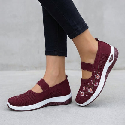 Women's Knit Mesh Mary Jane Flats Floral Embroidery