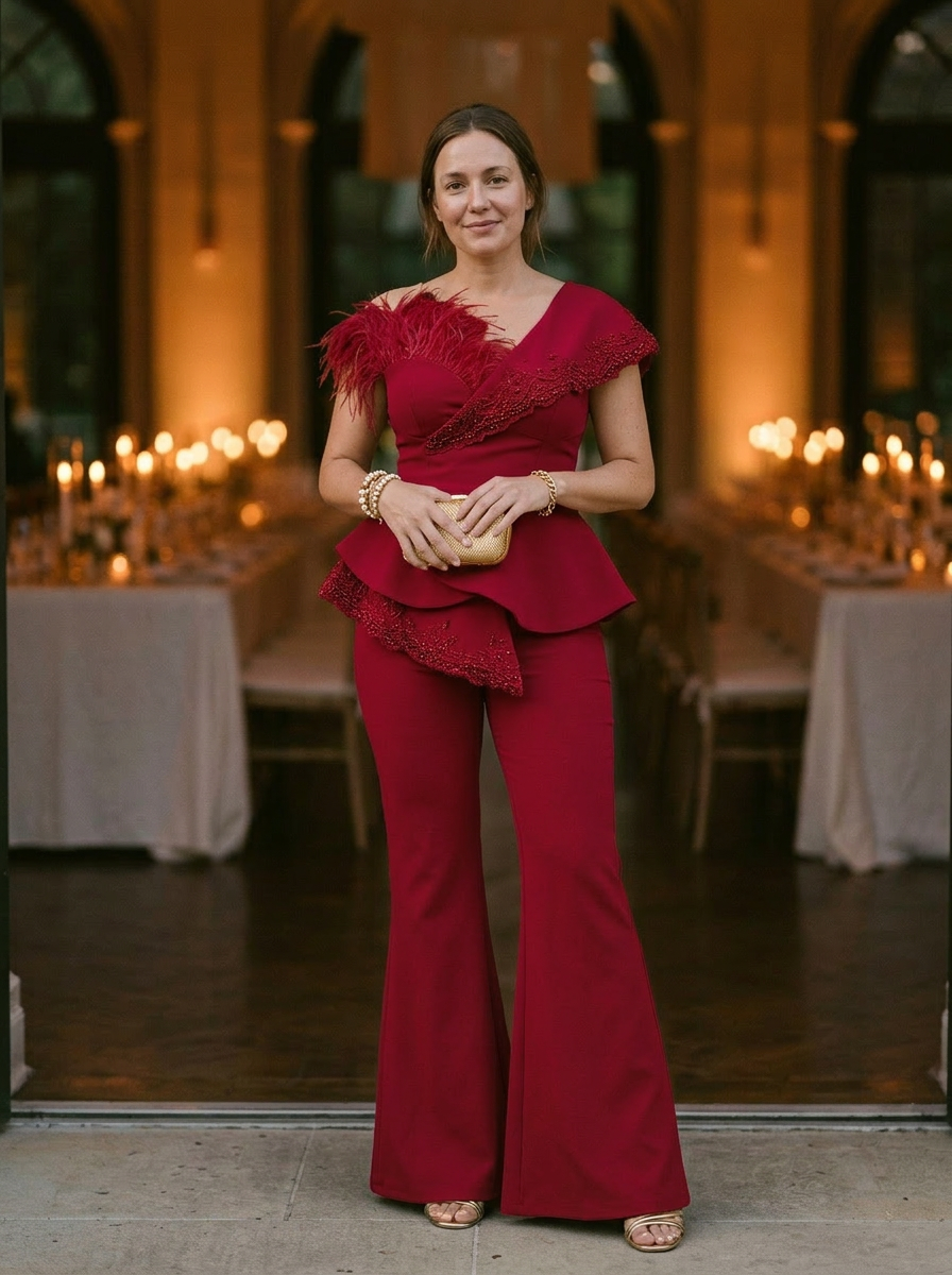 Women's Strapless Jumpsuit Peplum Waist Feather Detail