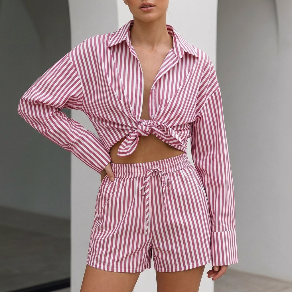 Women's Collared Shirt And Wide Leg Shorts Set