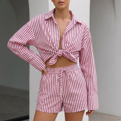Women's Collared Shirt And Wide Leg Shorts Set