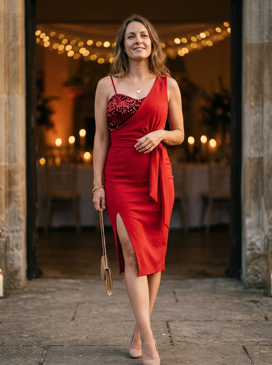 Women's Sequin Bodycon Dress Draped Bodice Slit - VibreMode