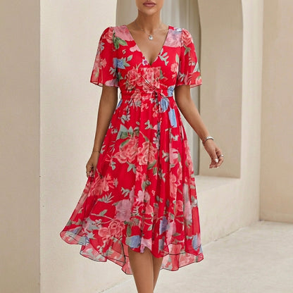 Women's Midi Wrap Dress Chiffon Tie Waist