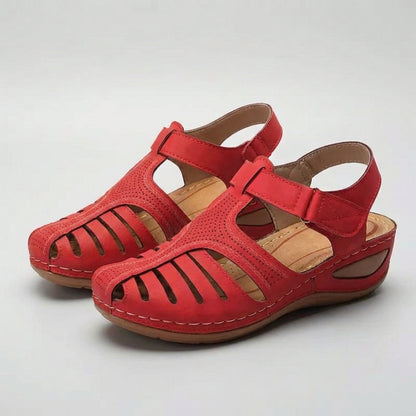 Women's Leather Wedge Sandals Ankle Strap Perforated Brown