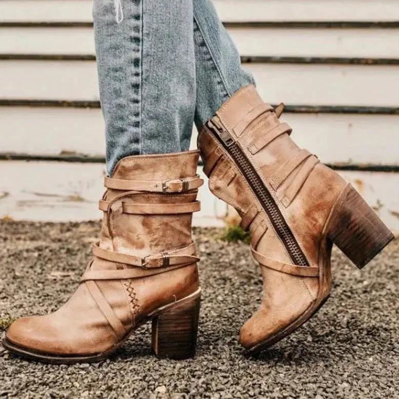 Women's Retro Leather Boots Belt Buckle Detail Brown - VibreMode