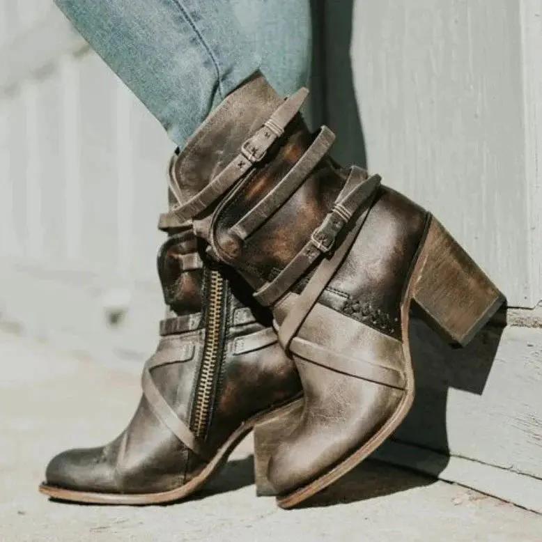 Retro Leather Boots for Women – Chic & Stylish with Belt Buckle Detail