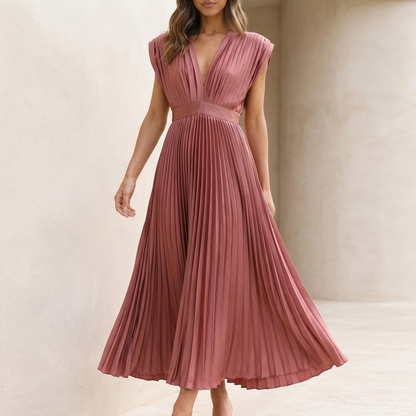 Women's Pleated Maxi Dress V-Neck Waist Defined - VibreMode