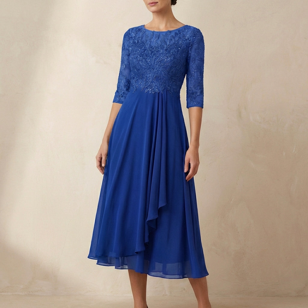 Women's Embroidered A-Line Midi Dress Sheer Sleeves