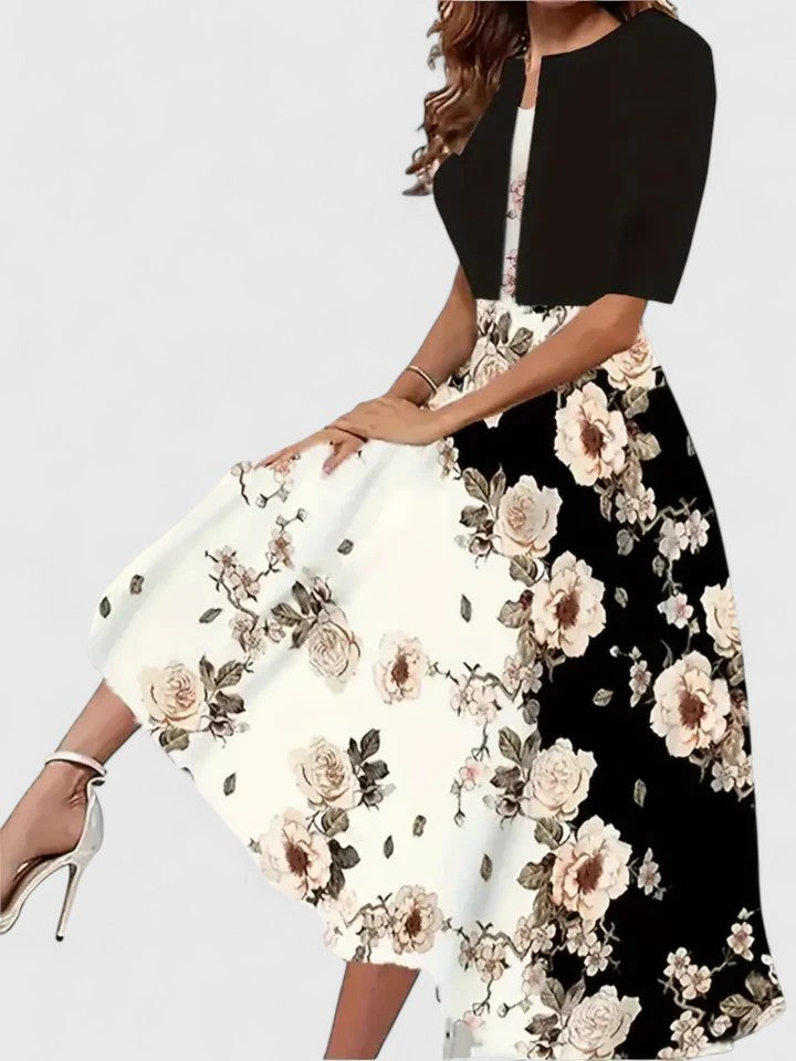 Women's Floral Midi A-Line Dress 3/4 Sleeve