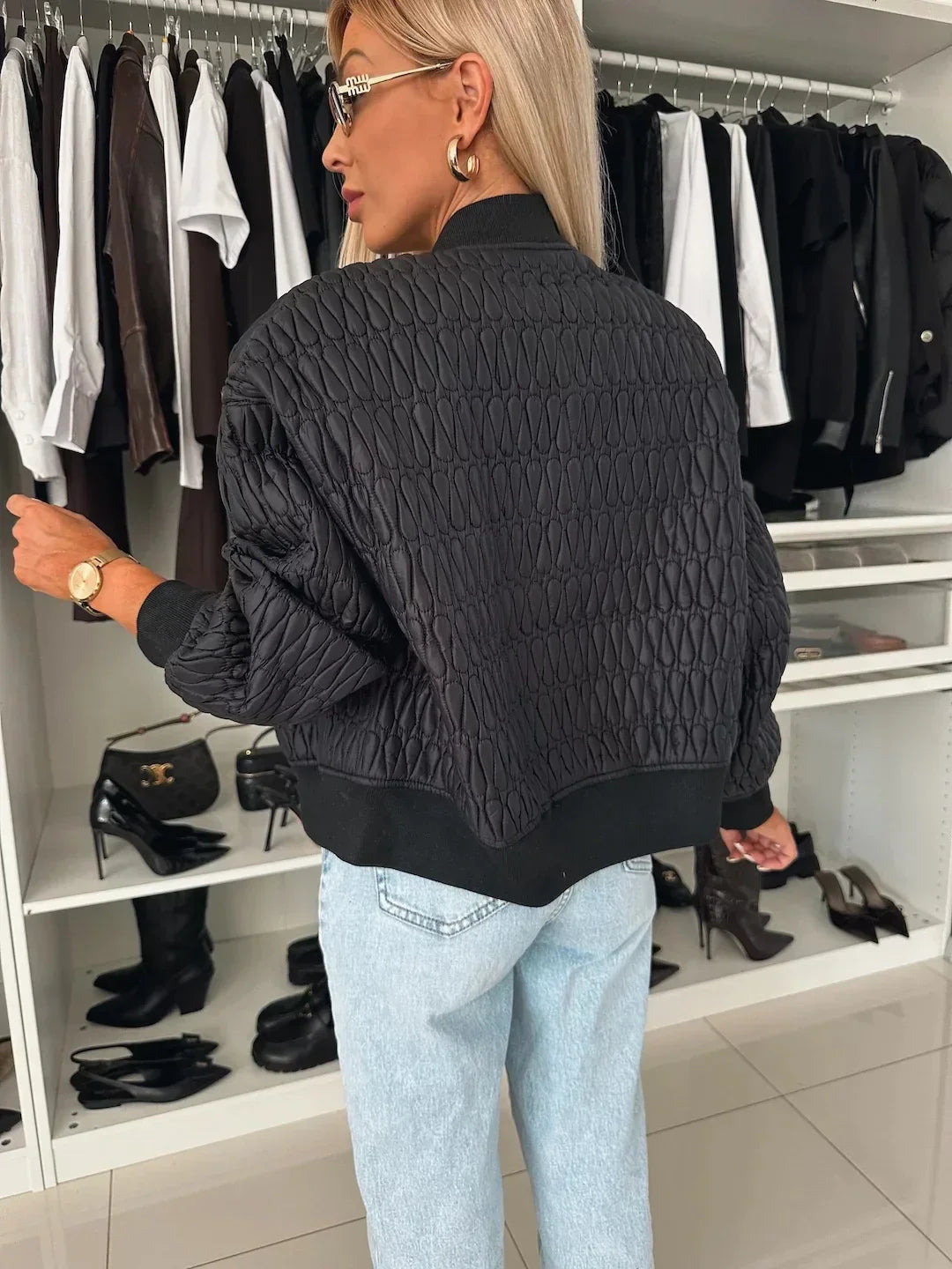 Women's Quilted Bomber Jacket Zip Front Ribbed Trim