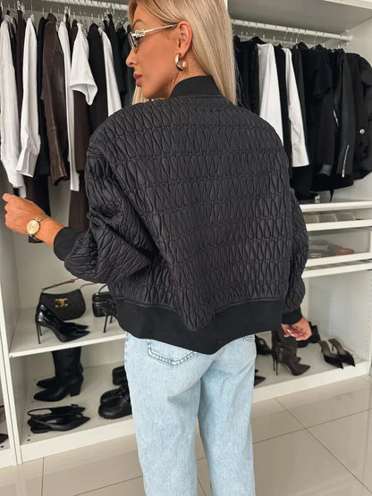 Women's Quilted Bomber Jacket Zip Front Ribbed Trim