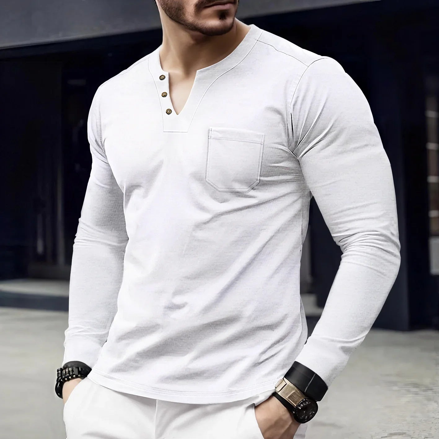 Men's Long Sleeve Henley Cotton Shirt