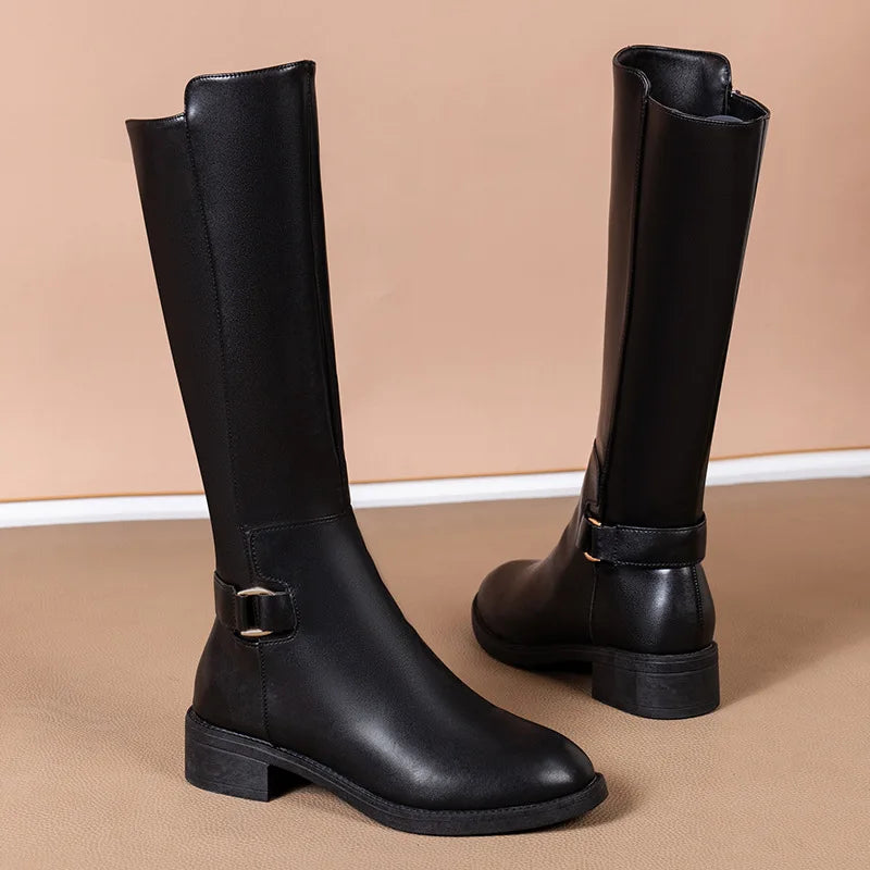 Women's Black Knee High Boots Metal Buckle Side Zip - VibreMode