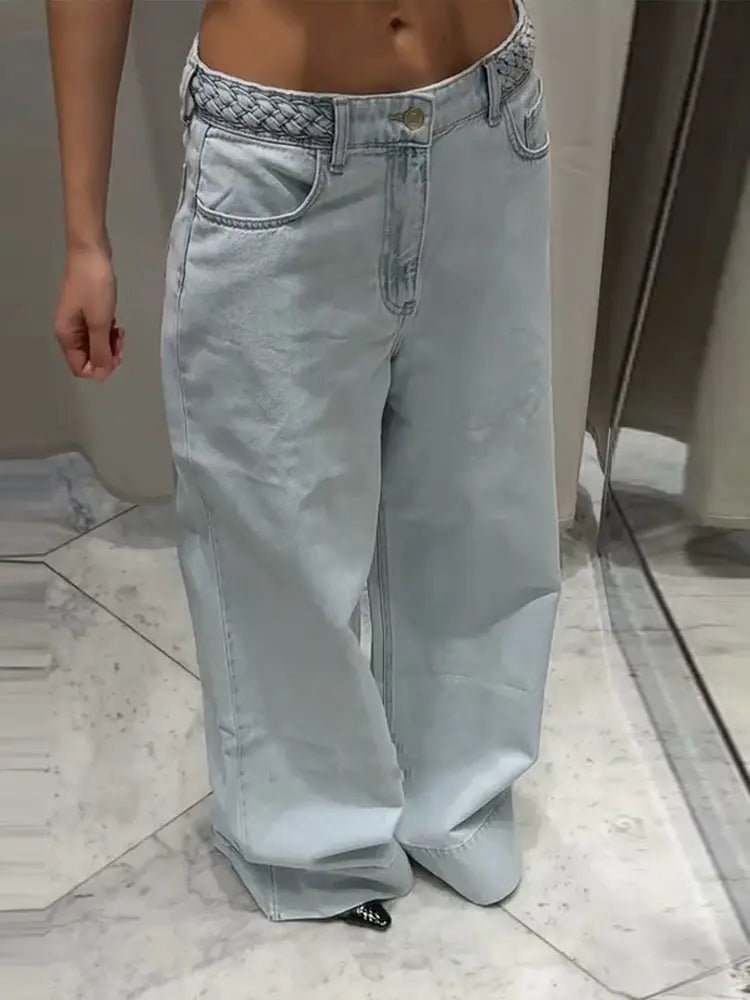 Women's Wide Leg Denim Trousers Braided Twist Blue