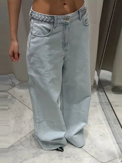 Women's Wide Leg Denim Trousers Braided Twist Blue