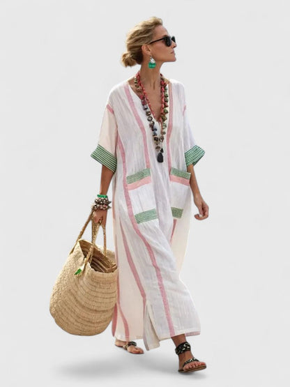 Women's Casual Striped V-Neck Maxi Dress - VibreMode