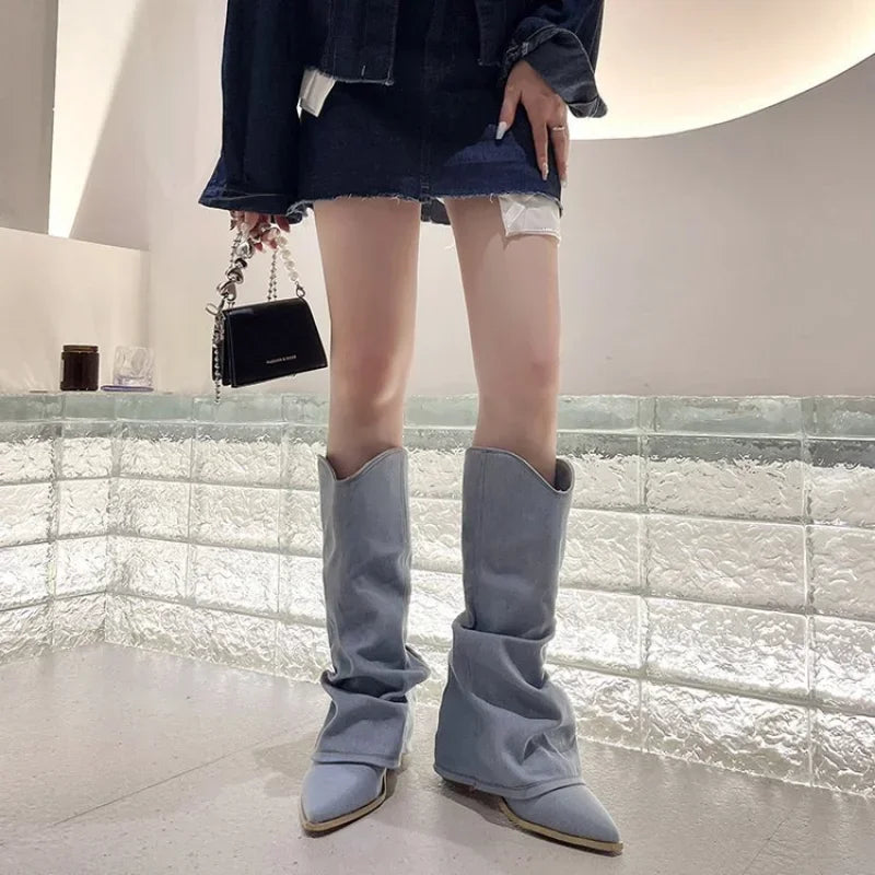 Women's Western Boots Knee High Pleated Pointed Toe Heeled