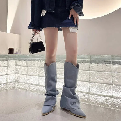 Women's Western Boots Knee High Pleated Pointed Toe Heeled