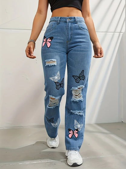 Women's Distressed Denim Jeans High Waist Straight Leg Blue